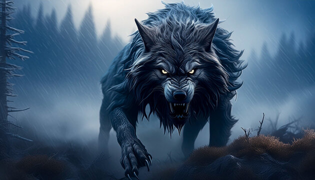 Wolf type creature preparing to pounce, moorland background