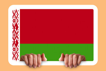 Hands holding a white frame with Belarus flag, protest or social issues in Belarus, two hands and 