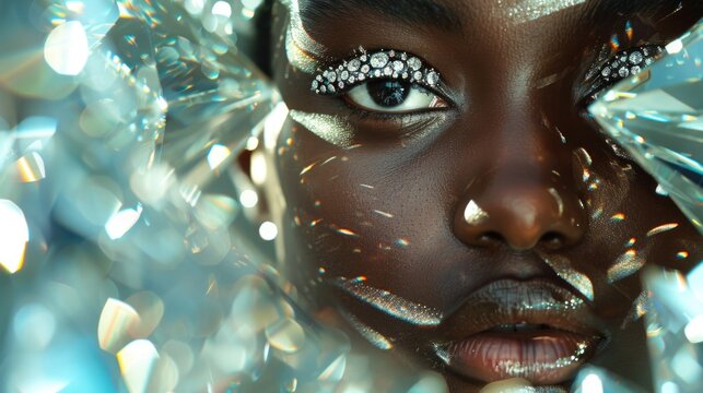 Beautiful African American woman model with glitter on her face on a sparkling background.