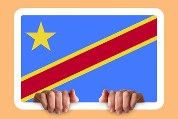 Hands holding a white frame with Congo Democratic Republic flag, two hands and frame, independence 