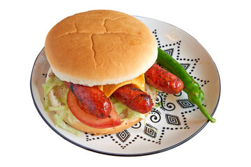 Merguez burger on decorated plate on wooden textured table