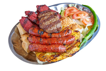 Mixte meal and  sandwich on metal plate on wooden textured table