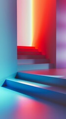 A vibrant gradient neon light casts colorful hues across a staircase, creating an abstract and modern aesthetic. Background. Wallpaper.