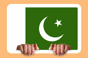 Hands holding a white frame with Pakistan flag, protest or social issues in Pakistan, celebration 