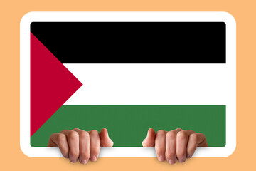 Hands holding a white frame with Palestine flag, independence day idea, two hands and frame