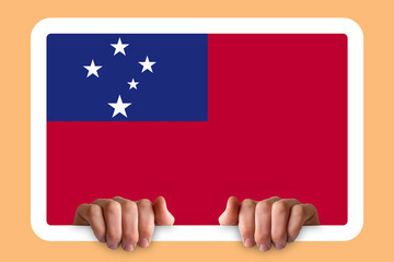 Hands holding a white frame with Samoa flag, celebration or campaigning concept, independence day 