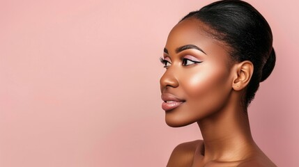 Naklejka premium Feminine portrait woman with subtle makeup on soft background, ample space for text