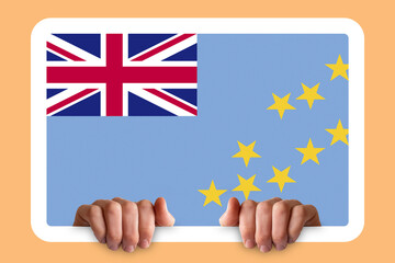 Hands holding a white frame with Tuvalu flag, independence day idea, two hands and frame