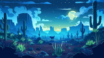 Night desert landscape in Arizona with cacti and rocks, full moon shining in the sky, cartoon illustration of coyotes in the wild west, game scene.