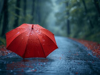 red umbrella in rain on road