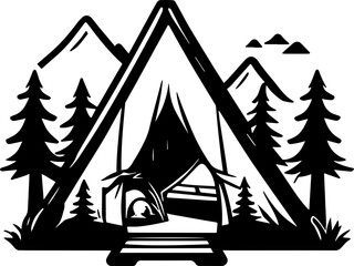 Naklejka premium Outdoor camping icon for graphic design Tourist tent, forest, camp, trees, Camp badges, & labels