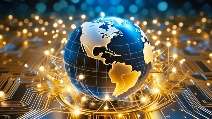Blue and gold globe over golden circuits, capturing global connectivity and technological sophistication.