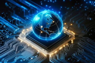 Blue-illuminated globe on golden circuits, symbolizing global, technological reach and sophistication
