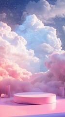 A serene product stage set against a soft pastel sky and clouds, perfect for showcasing items. Background.