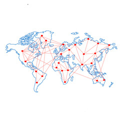 "Unleash the power of global connectivity with our transparent PNG illustration of interconnecting red dots on a blue world map. Explore the world digitally! 🌐 #illustration #digitalart"
