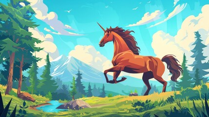 Horse rearing up in a summer forest. Modern cartoon illustration of stallion and woodland landscape with trees, brook, and mountains on horizon. Mustang with beautiful mane and tail.