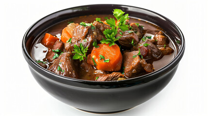 Black bowl with delicious beef stew and parsley on white