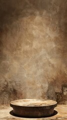 A round table placed on a stone floor, creating a contrast in textures and materials. Background. Product podium.