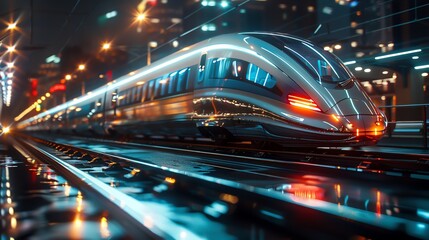 A bustling Maglev train station at night, the train sleek and streamlined, hovering above the tracks with a blur of motion