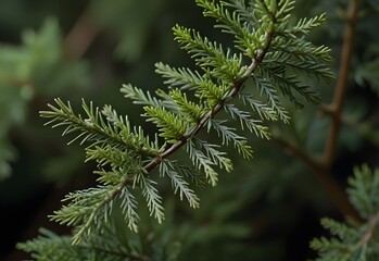A close-up view of a cedar branch, its tiny, scale-like leaves covering its slender stems, forming a dense, green mat, generative AI
