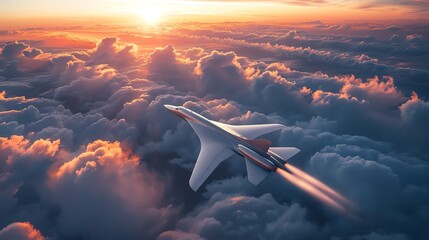 A supersonic aircraft breaking through the sound barrier above the clouds, shock waves visible