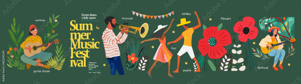 Wall mural music and dance summer festival in nature. vector illustration of a musician playing a trumpet, a gi