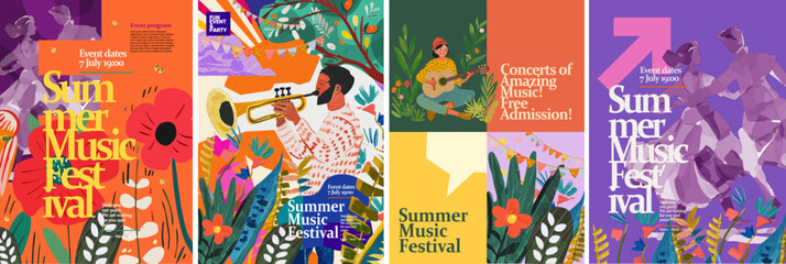 Fototapeta na wymiar Music and dance summer festival in nature. Vector illustration of a musician playing a trumpet, a girl with a guitar, dancing people, holiday flags, leaves, flowers, for a poster, flyer, social media 