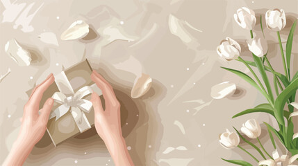 Female hands with gift box and white tulips on beig