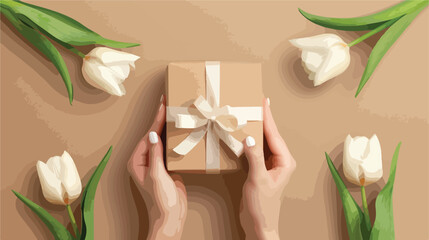 Female hands with gift box and white tulips on beig