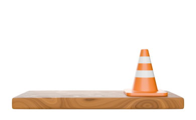 3d wooden shelf with traffic cone ontop, on transparent background