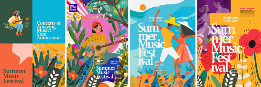 Music and dance summer festival in nature. Vector illustration of a musician playing a trumpet, a girl with a guitar, dancing people, holiday flags, leaves, flowers, for a poster, flyer, social media