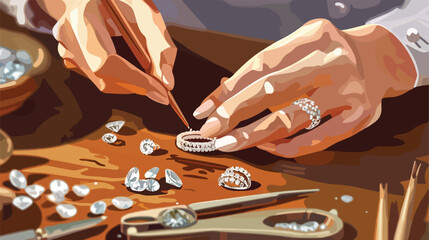 Female jeweler making ring on wooden table closeup Vector
