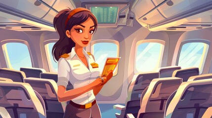 Flight attendant with ticket inside airline cabin. Woman air hostess checking boarding pass. Modern cartoon illustration of plane interior and empty seats with a flight coupon.