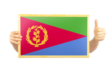 Fototapeta premium Hands holding a frame with Eritrea flag, independence day idea, two hands and thumb up, celebration 