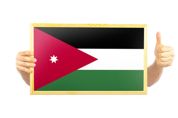 Hands holding a frame with Jordan flag, two hands and thumb up, independence day idea, celebration 