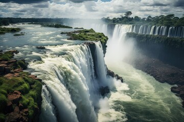 Paraguay landscape. Beautiful waterfall scene with flowing river. Cloudy sky. Generative ai. Aerial drone view. - Powered by Adobe