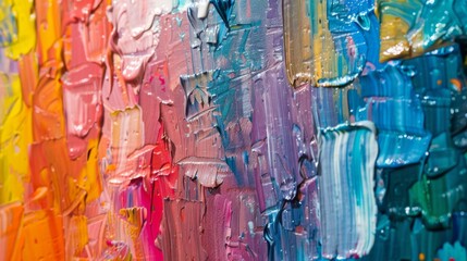 Closeup of abstract rough colorful multicolored rainbow colors art painting texture, with oil brushstroke, pallet knife paint on canvas, dripping color