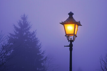 Fototapeta na wymiar The radiant glow of a street lamp on a misty evening