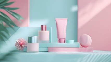 Pastel pink and blue cosmetics packaging mockup for beauty product display. Concept Cosmetics Packaging, Mockup Design, Product Display, Beauty Products, Pastel Colors