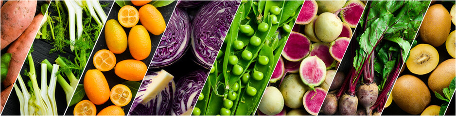 Photo collage from different food photos. Set of fresh vegetables, fruits and organic healthy food....