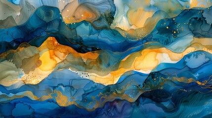 Watercolor abstraction of fluid shapes, warm golden hues clashing with deep oceanic blues to evoke a sense of vibrant movement