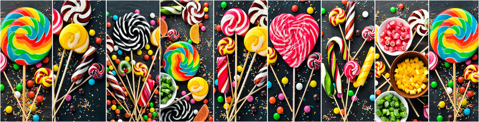 Photo collage of colored lollipops, sweets and candies. A set of colorful holiday sweets. Photo banner for a food site.