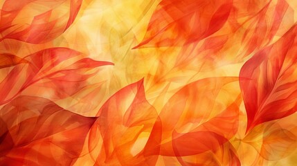 Abstract watercolor background with swirling autumn leaves in vibrant oranges and reds, suggesting a dynamic sense of wind and change
