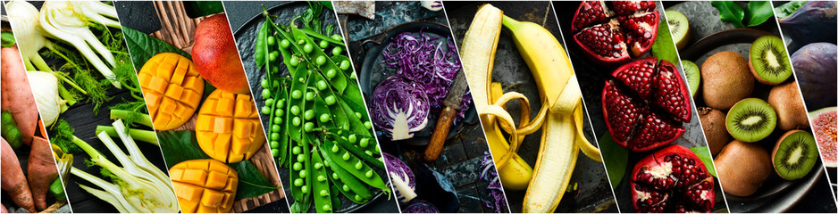 Organic food - photo collage. Set of fresh vegetables, fruits and organic healthy food. Photo...