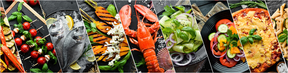 Photo collage. Different healthy main courses, meat and fish dishes, pasta, salads, sauces, bread and vegetables on a dark background. Top view.