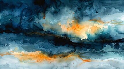 Dynamic abstract watercolor mimicking an autumn storm, with intense strokes of dark blues and flashes of orange and yellow