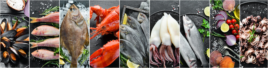 Photo collage. Fresh seafood: fish, lobster, squid and shrimp on a dark stone background....