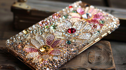 An eye-catching phone case decorated with an elaborate floral design made entirely of sparkling rhinestones, adding a touch of glamour to everyday accessories.