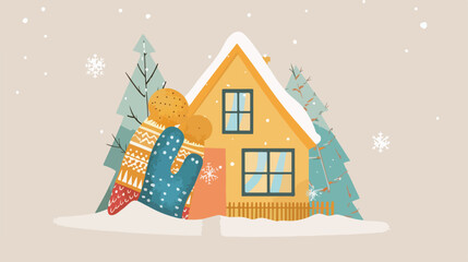 Figure of house and warm mittens on light background.