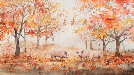 Serene watercolor of three pigs in an orchard during autumn, the ground covered with fallen leaves and the trees a burst of seasonal colors